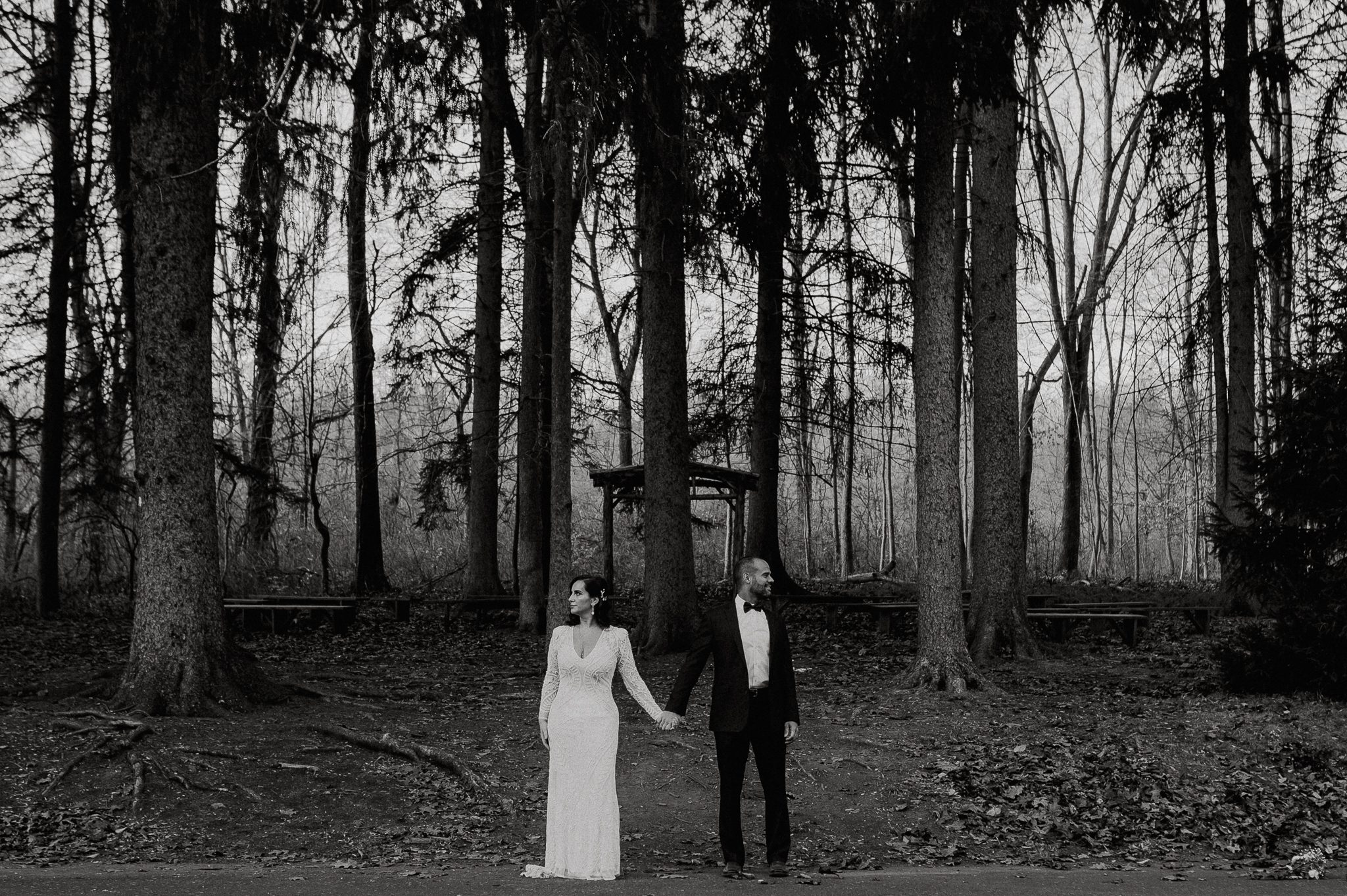 bride and groom stand with large pine trees around them looking in opposite directions in black and white portrait