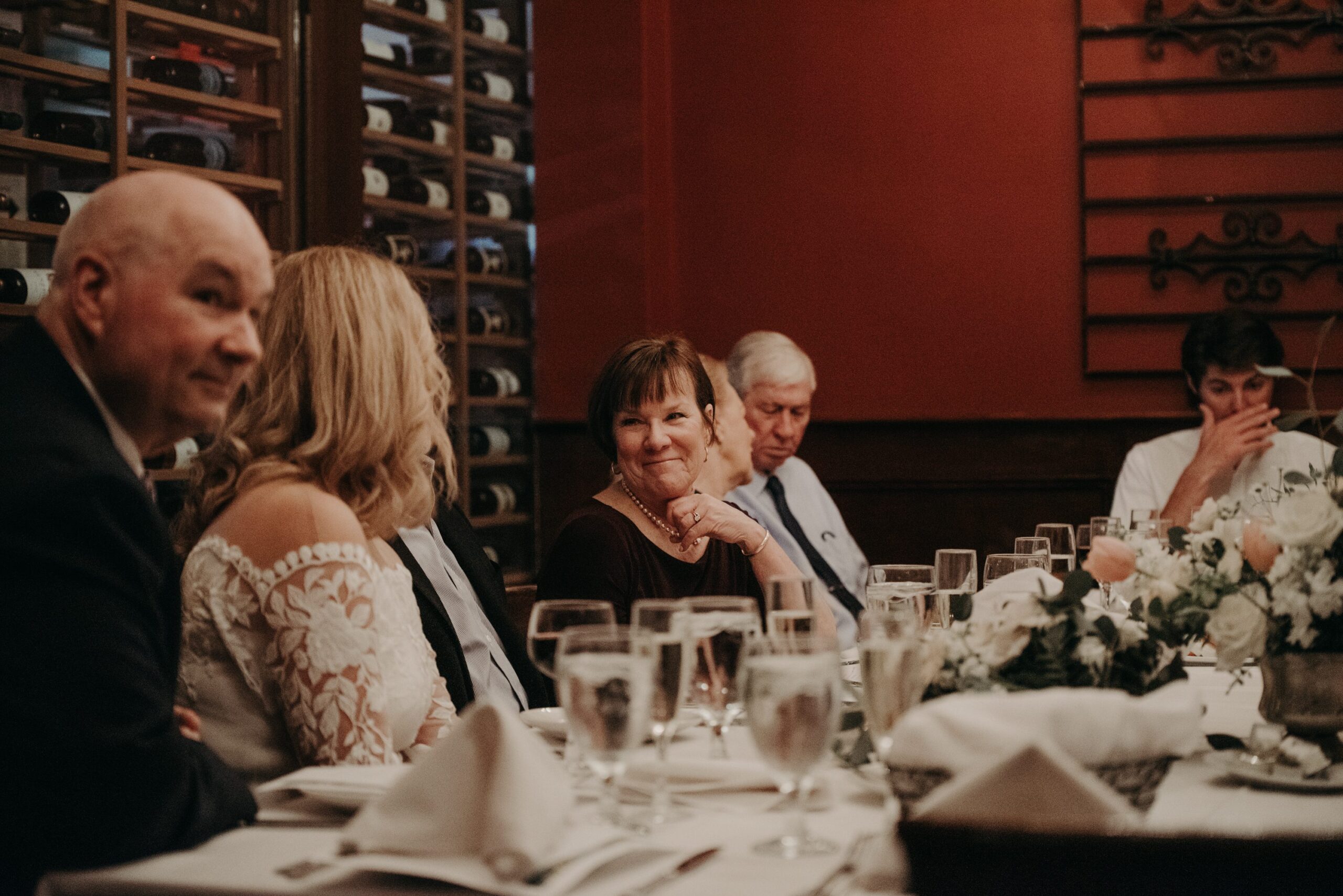 woman smiling at wedding reception at Ferraro's in Westfield NJ