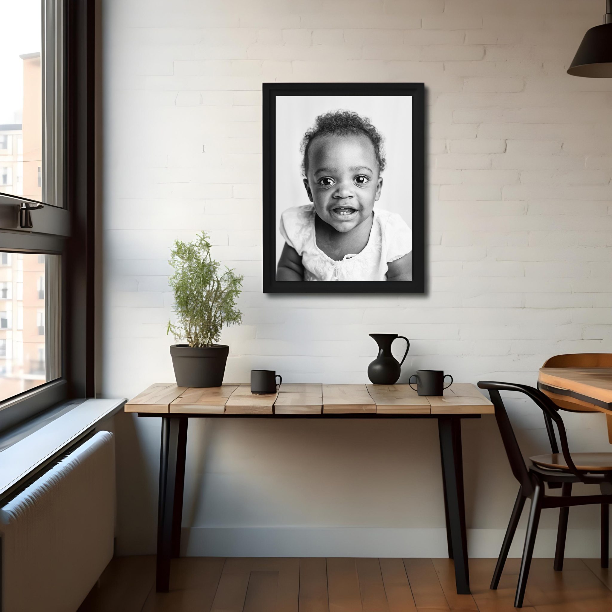 photo of the interior of a room with large framed photo of a little girl in black and white