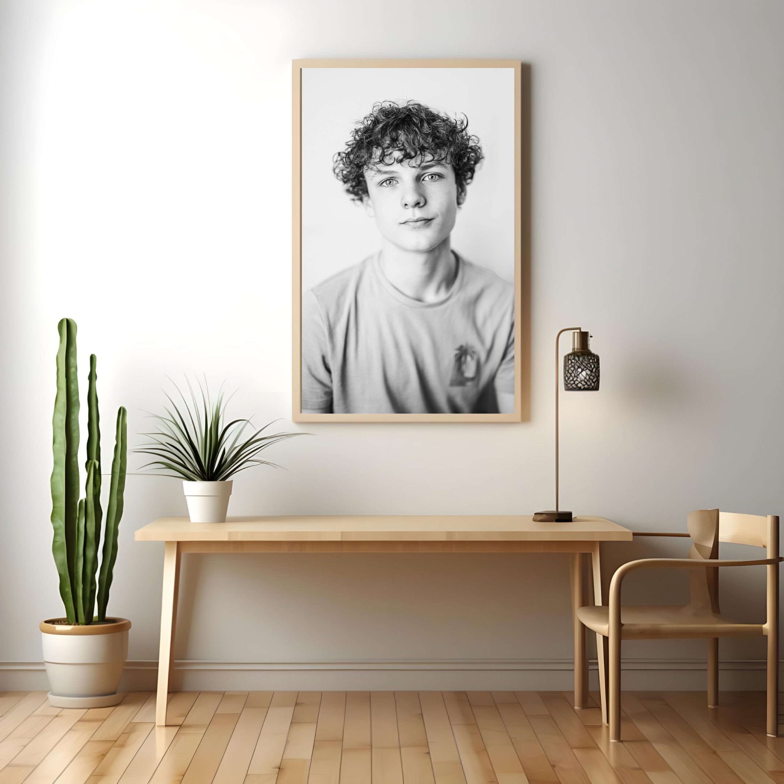 a black and white picture of a teenage boy hangs on the wall above a desk in a room with a cactus and plant