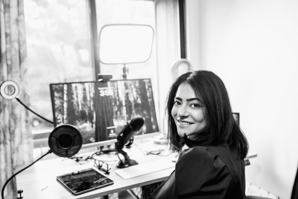 Professional branding headshots of Shalima Bhalla from Customer Signal doing her podcast in Basking Ridge, NJ