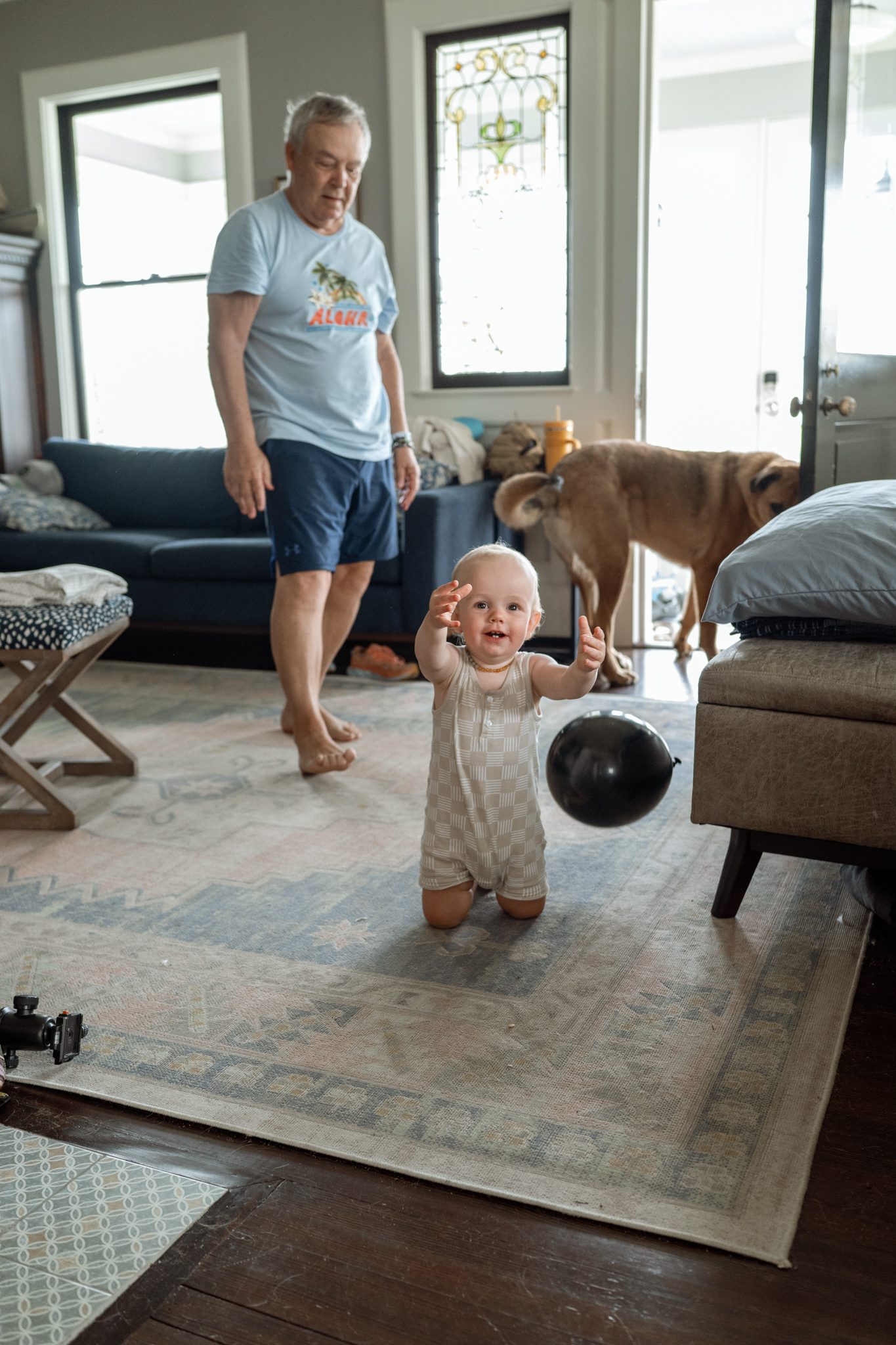 baby, grandpa and dog play at family documentary photoshoot