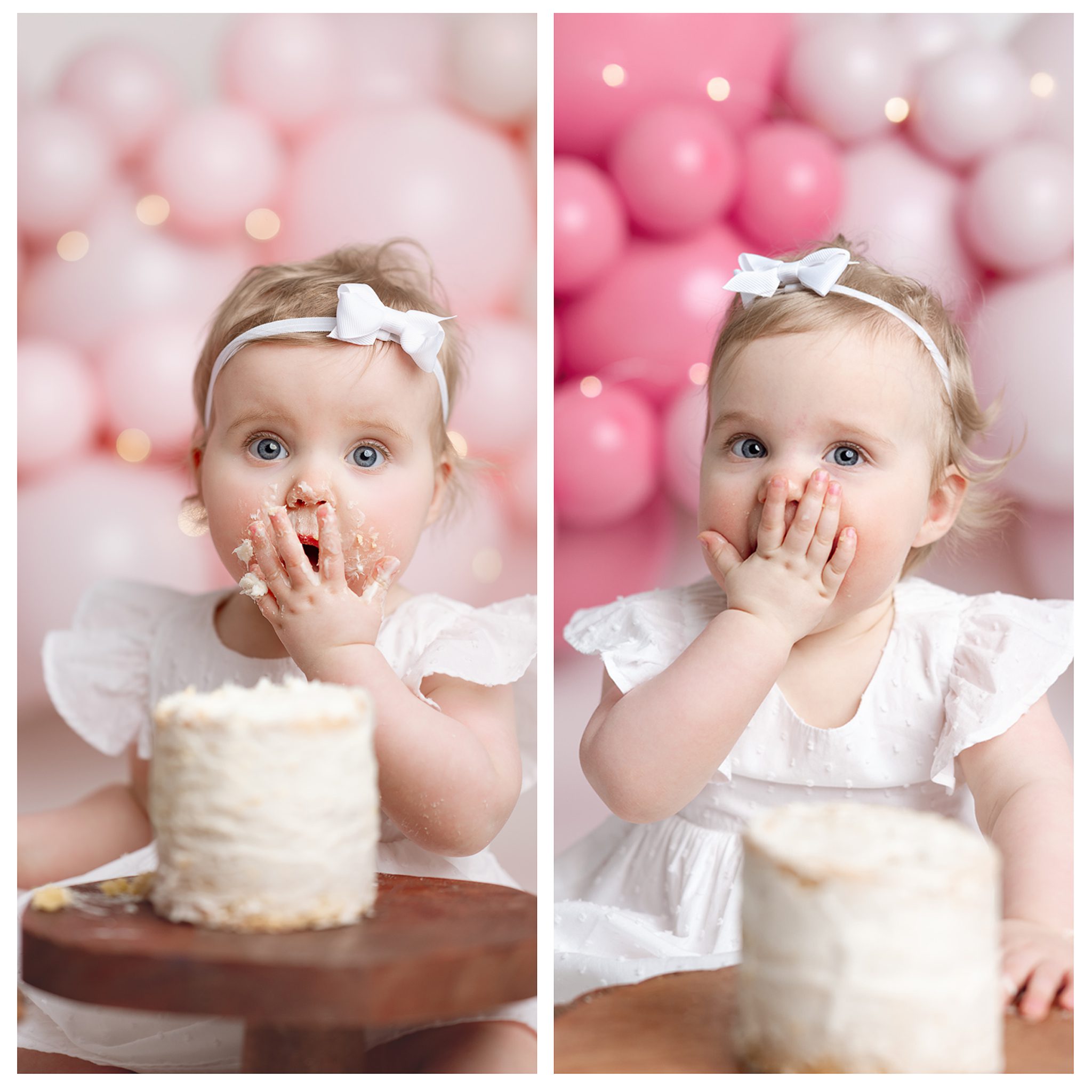 Twin girls with big blue eyes and chubby cheeks eating vanilla cake in a Scotch Plains photography studio